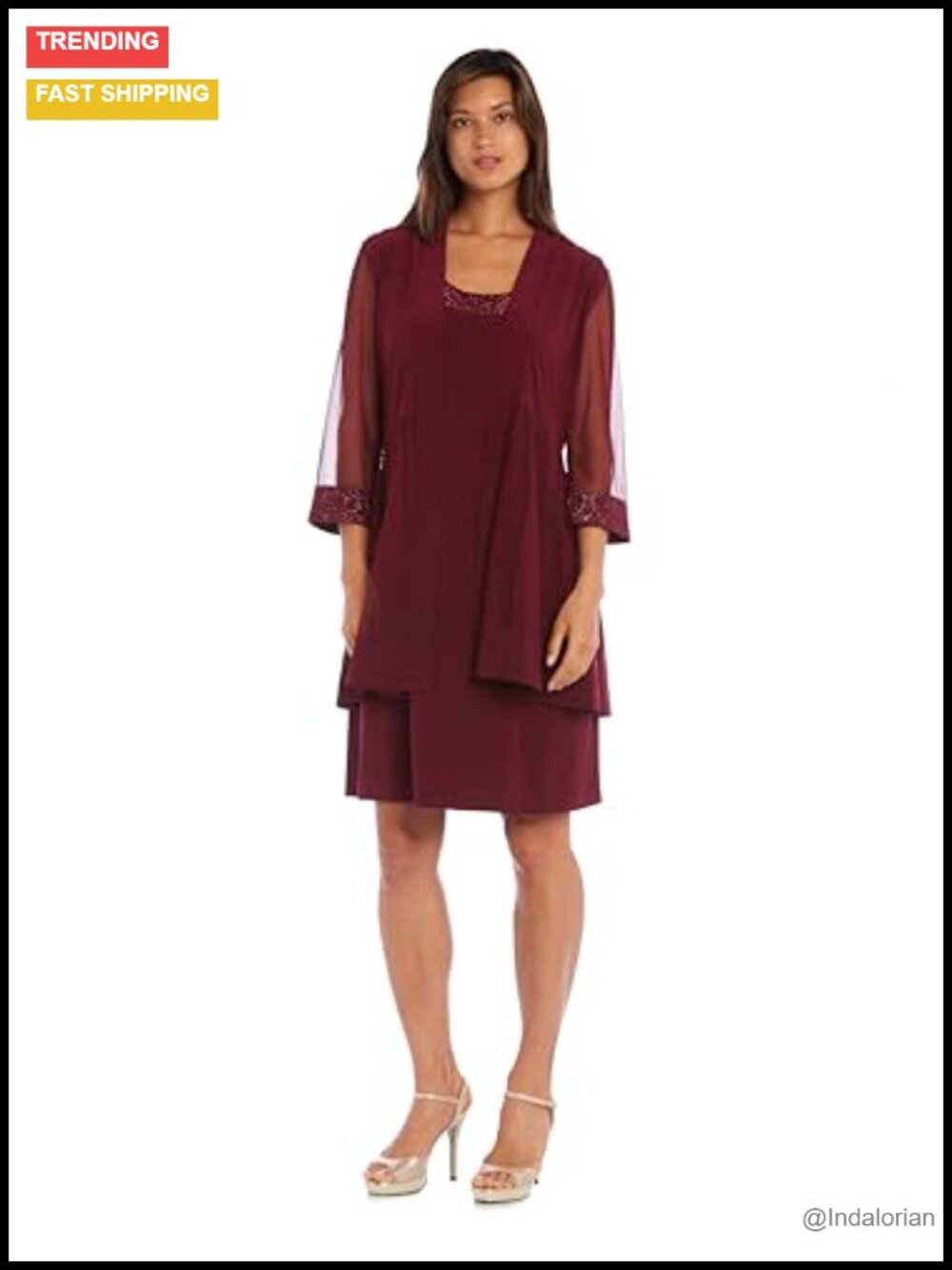 Petite Glitter Trim 2-Piece Jacket Dress Set with Sheer Sleeves